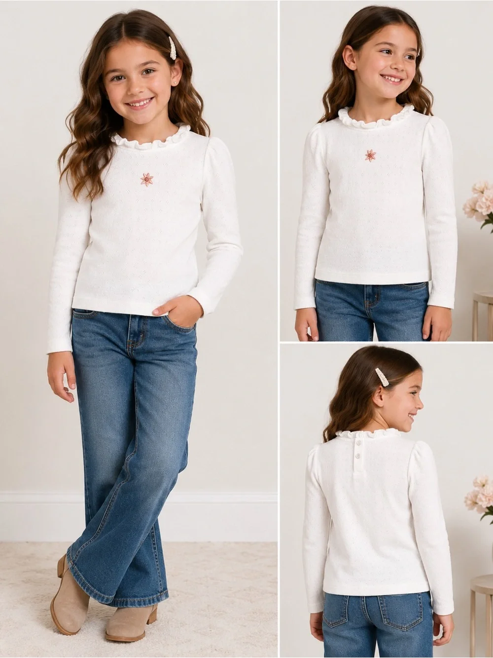 Little Lass Cream Ruffle-Neck Long Sleeve Top with Star Embroidery
